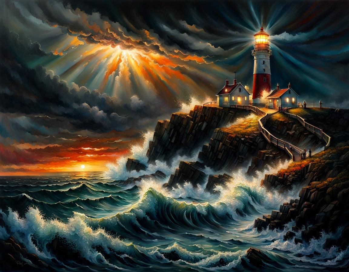 Dramatic Lighthouse Sunset Landscape: Hyperrealistic Digital...
