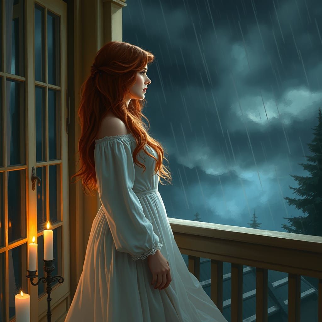 Stormy Night Contemplation in Dreamy Oil Painting Style