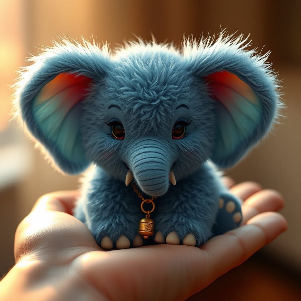 Hyperrealistic Blue Elephant Chibi in Human Hand