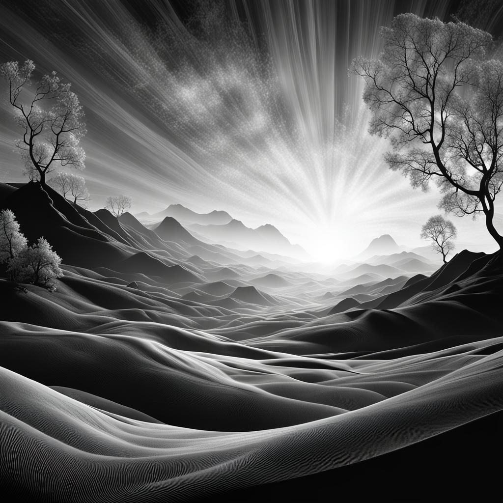 Black and White Fractal Landscape with Backlight