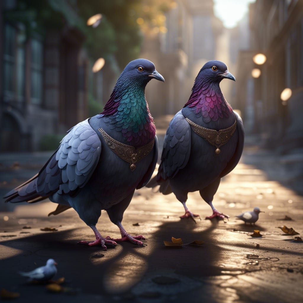 Pigeons Chatting in Sunrays: Detailed Matte Painting