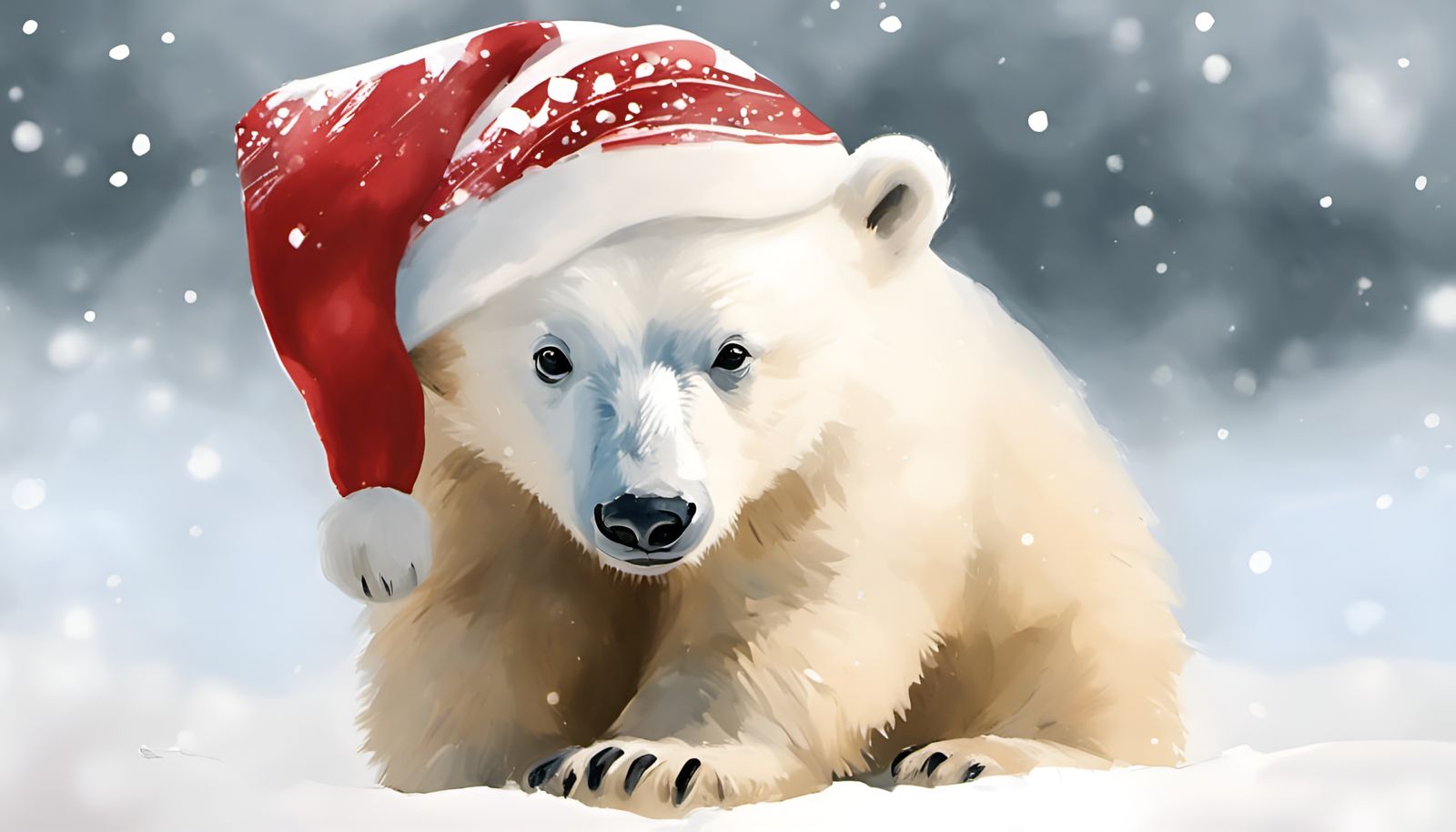 Cute Christmas Polar Bear Cub in Watercolor Style
