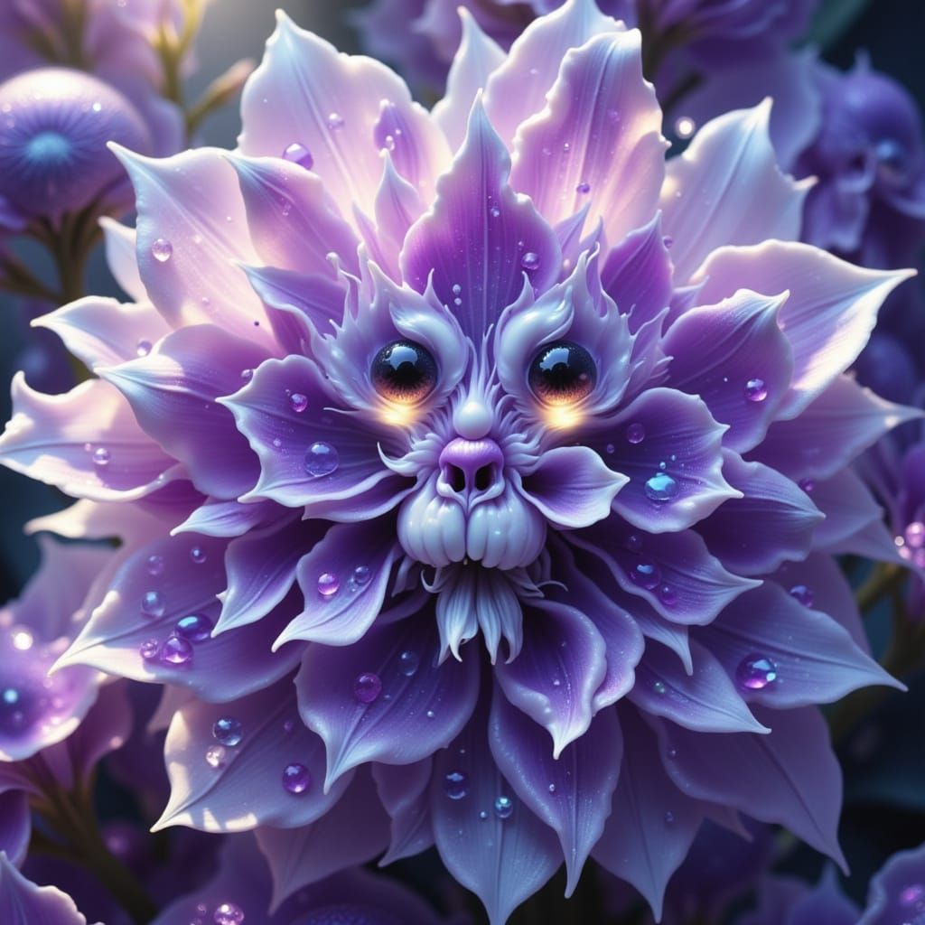 Whimsical Cat-Face Flowers in Fantasy Concept Art Style