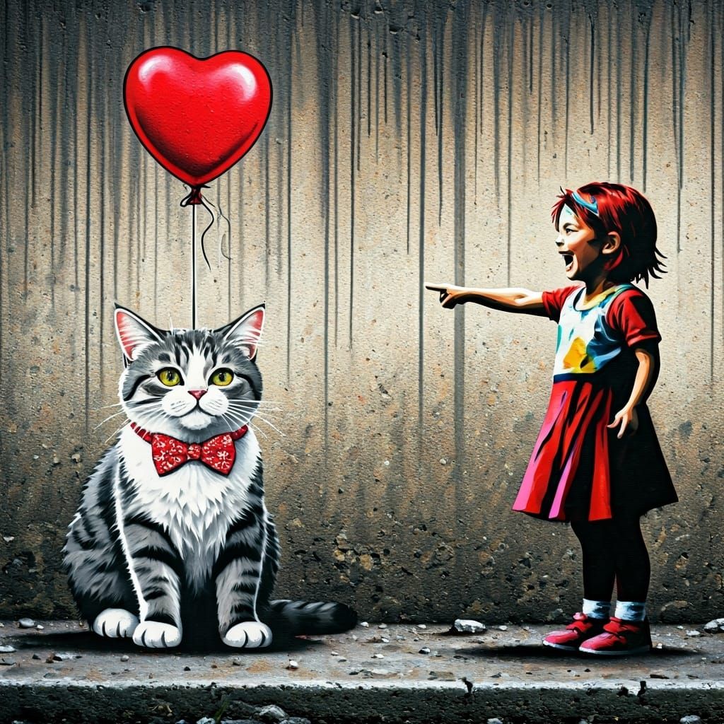Annoyed Cat with Balloon in Banksy Graffiti Style