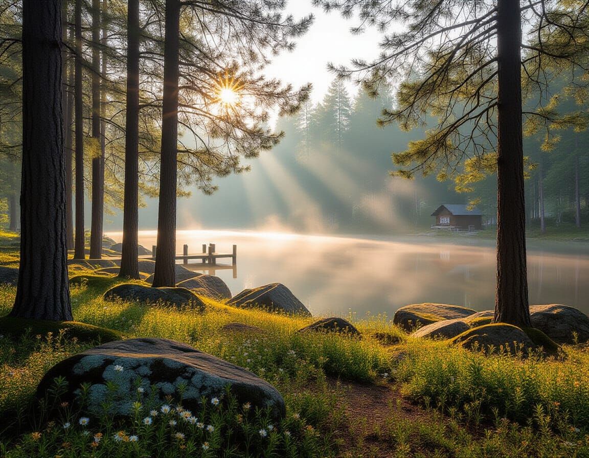 Serene Spring Forest Morning with Fog and Sunbeams