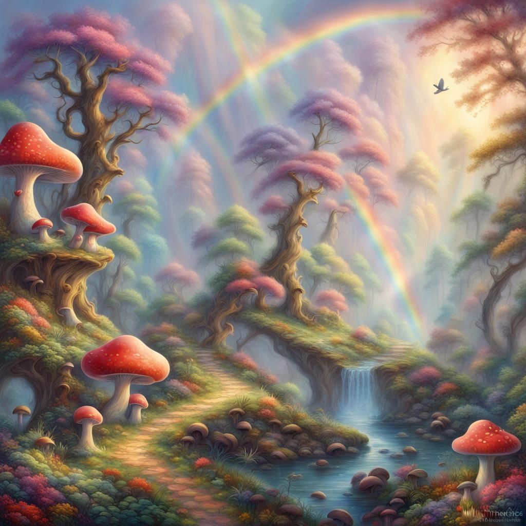 Rainbow Fantasy Forest with Coral and Wildlife