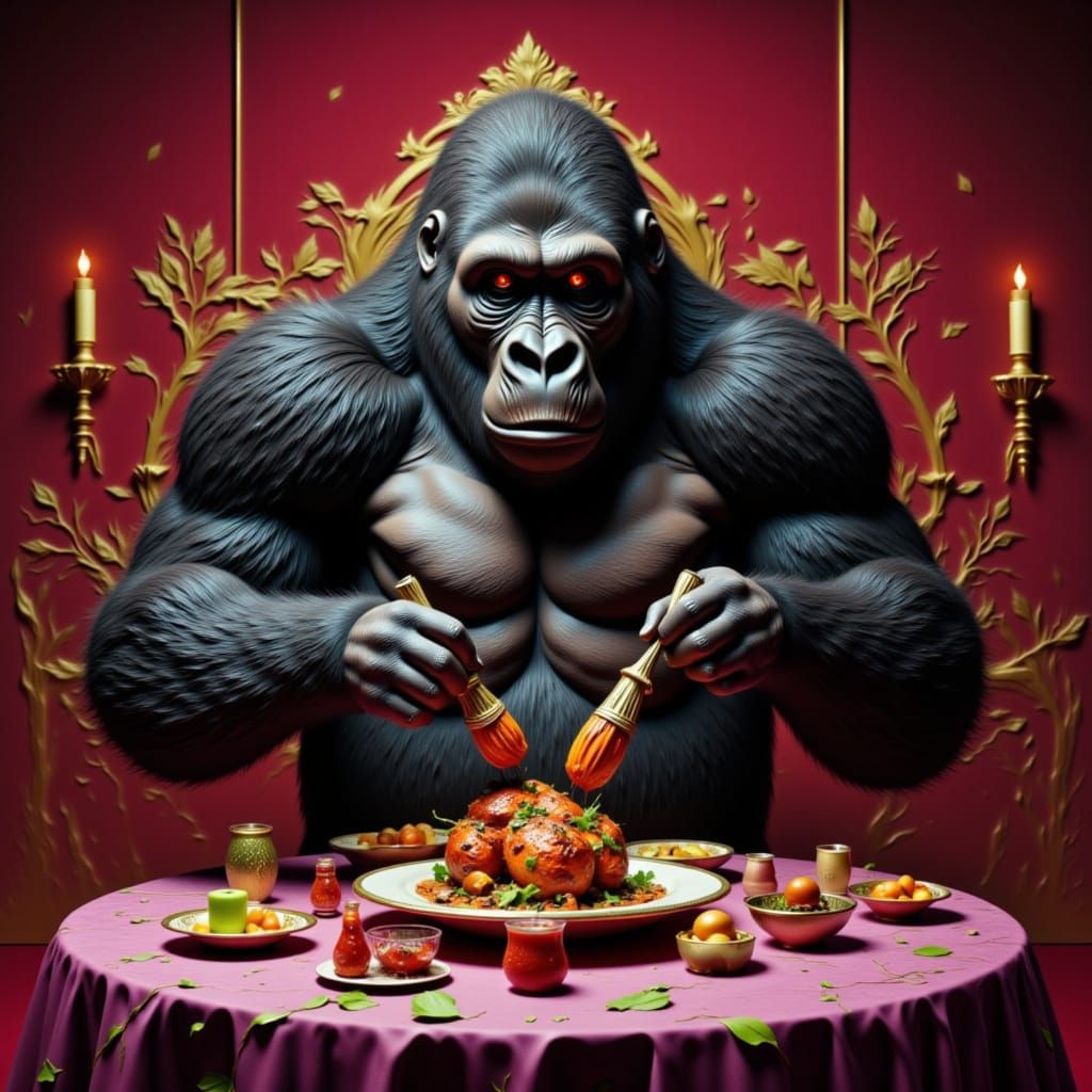 Surreal Grilled Gorilla Masterpiece in Opulent Banquet Setti...