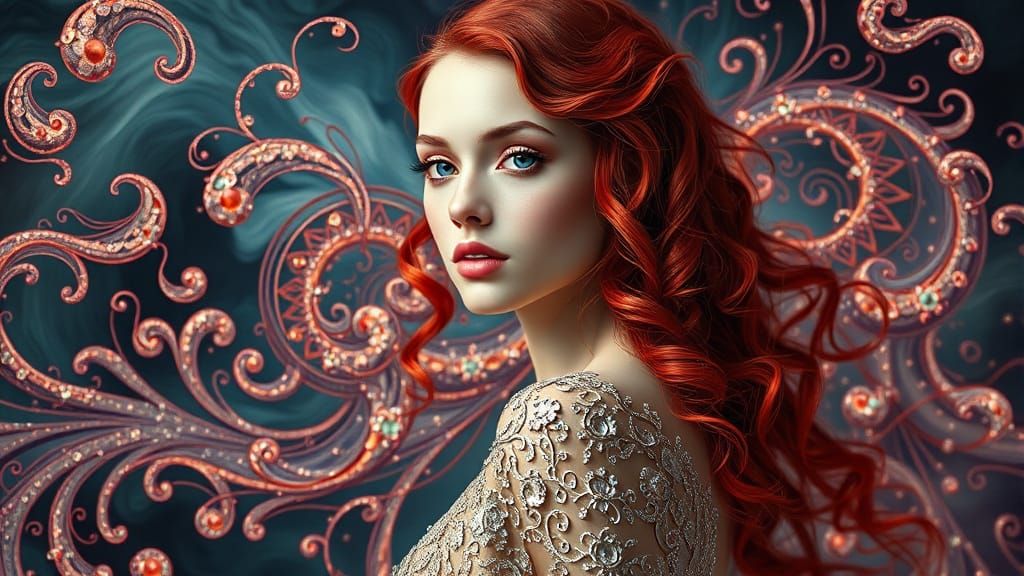 Chromatic Swirls: Woman in Chrome Filigree Gown