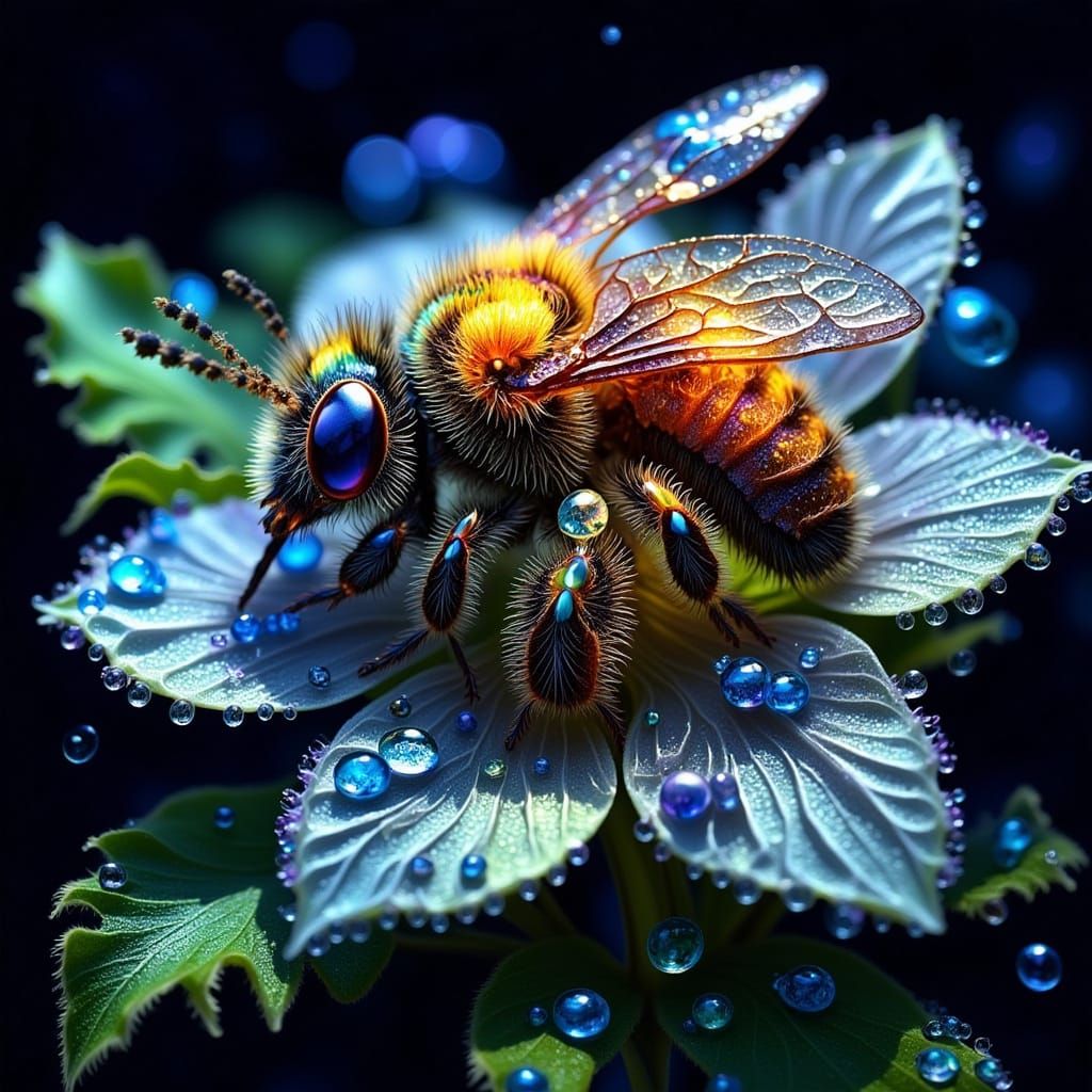 Cartoon Bee Sleeping Under Starry Fractal Galaxy