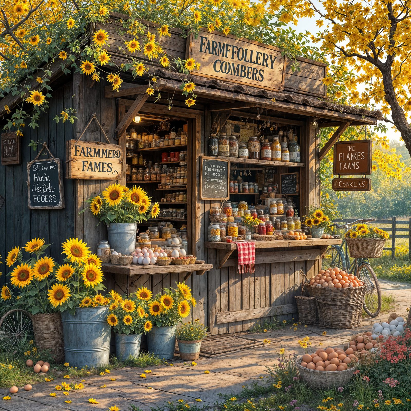 Rustic Market Stall with Sunflowers and Charm