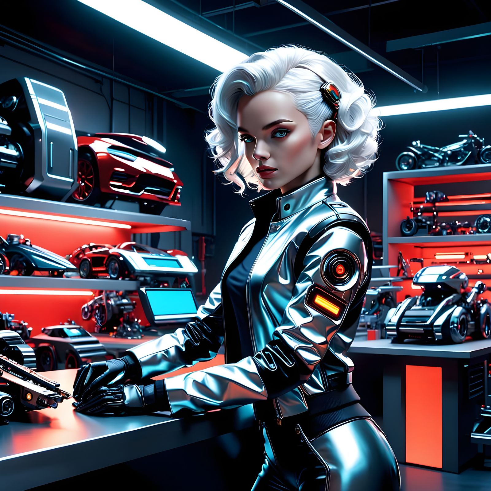 Cyborg Mechanic in Neon Lit Garage
