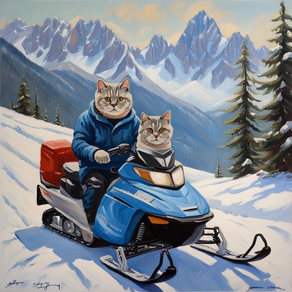 British Shorthair Cat on Snowmobile, Gurney Oil Painting