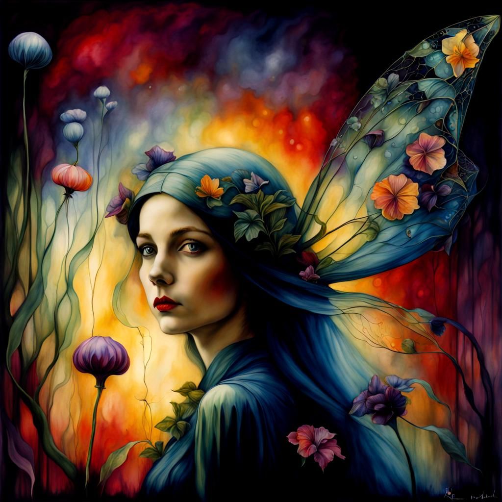 Fairy in Quantum Garden, Art Nouveau Style