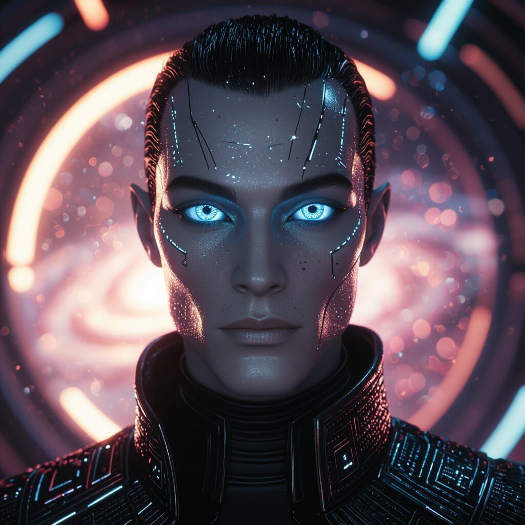 Cool Alien Male Portrait in Cosmic Neon Style