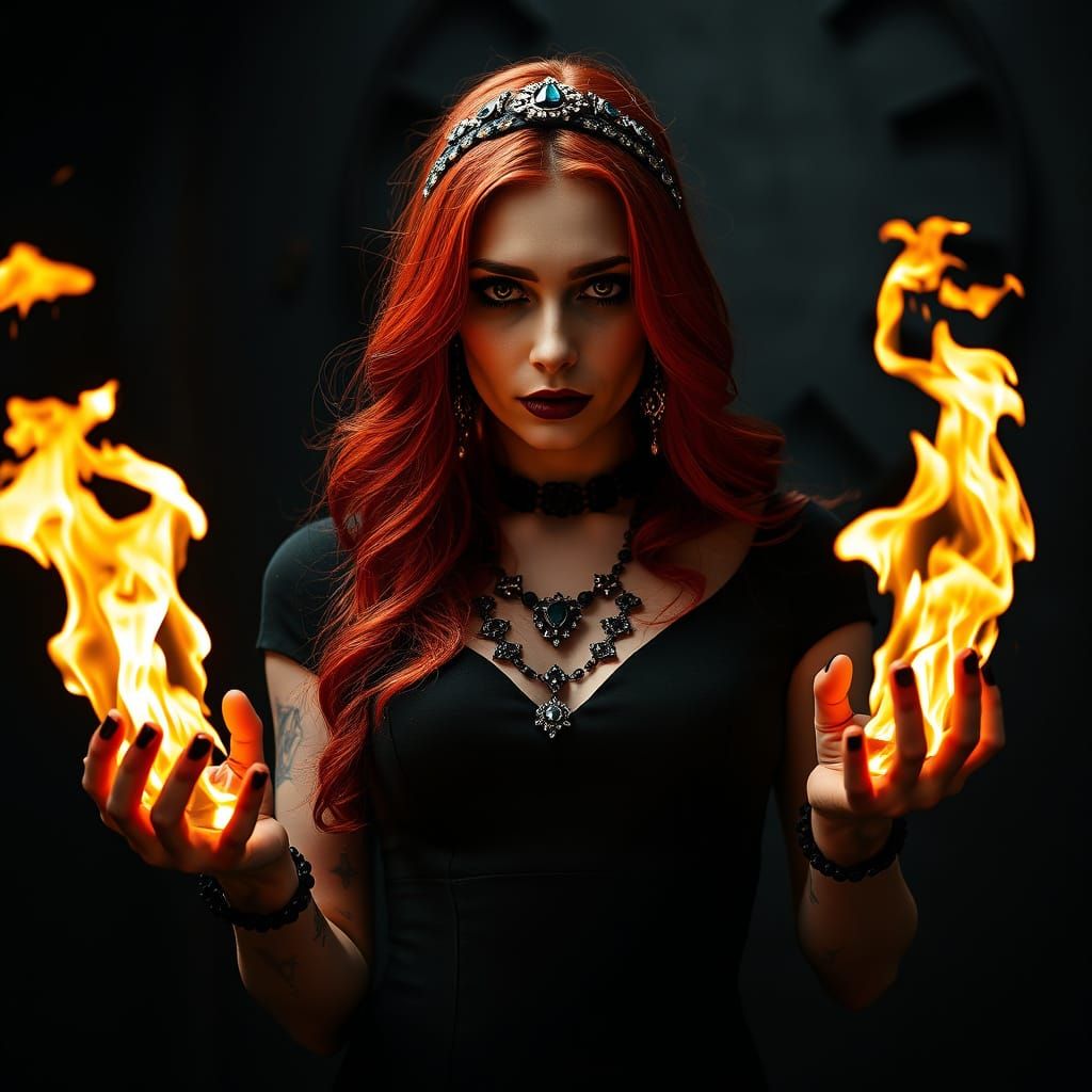 Fiery Gothic Woman with Dramatic Lighting
