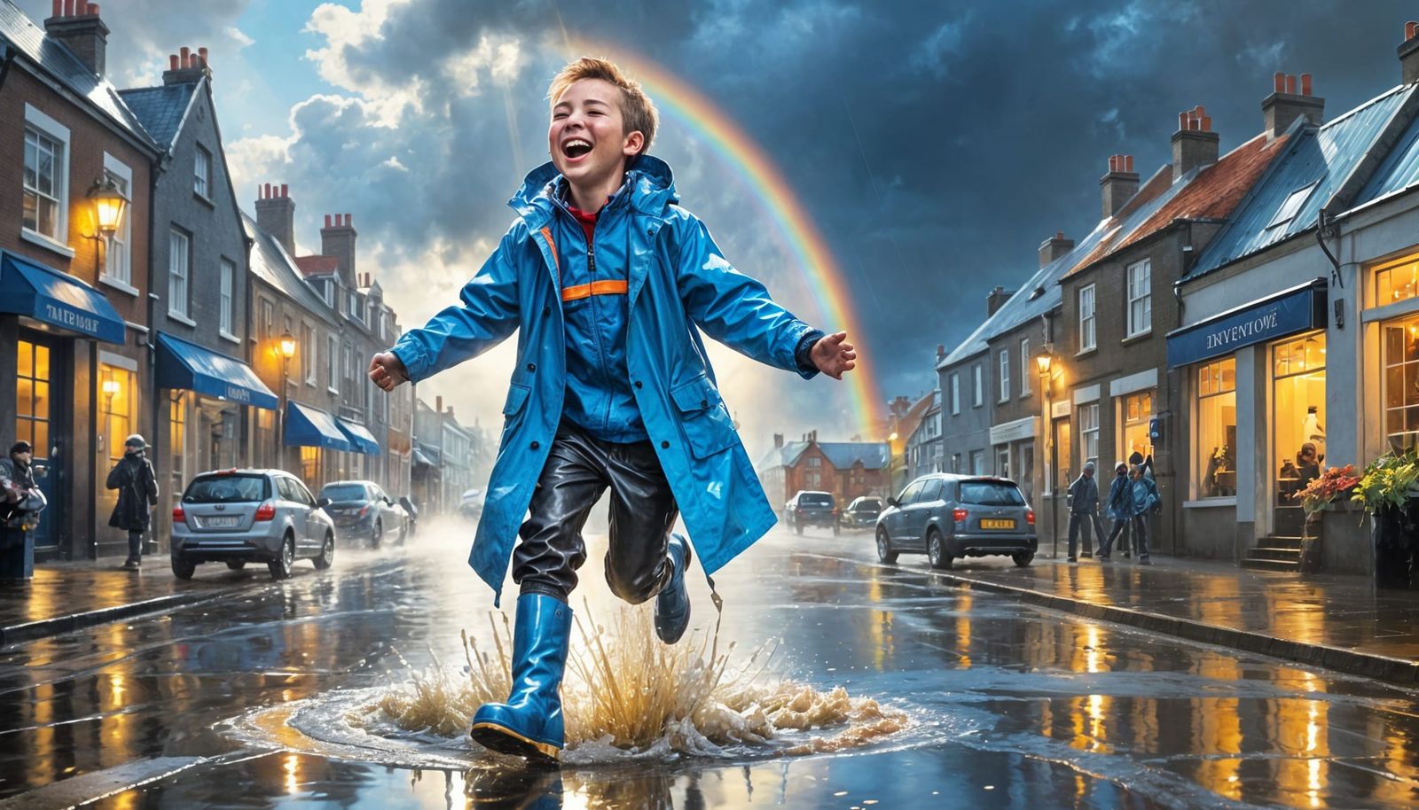 Boy Splashing in Puddle with Rainbow, Watercolor Style