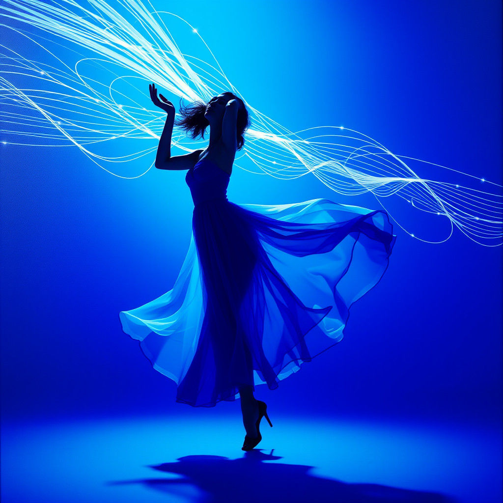 Dancing Woman in Klein Blue with Lyrical Light Streaks