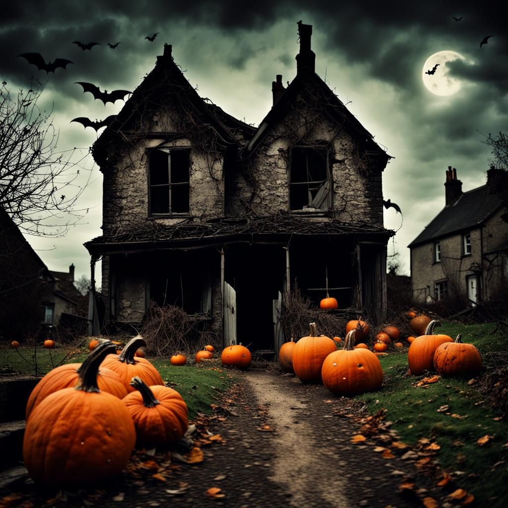 Eerie Haunted Village with Ghosts and Pumpkins