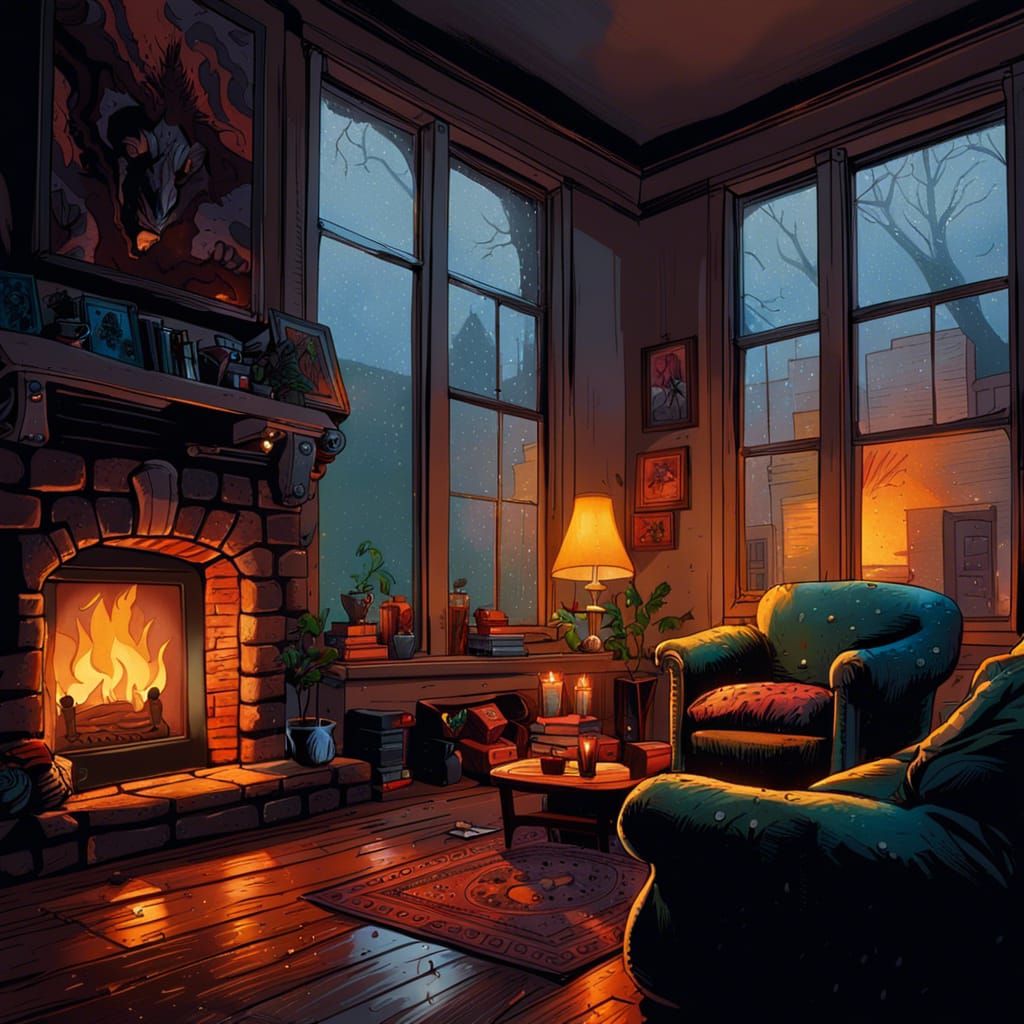Cozy Rainy Day Living Room in Comic Book Style