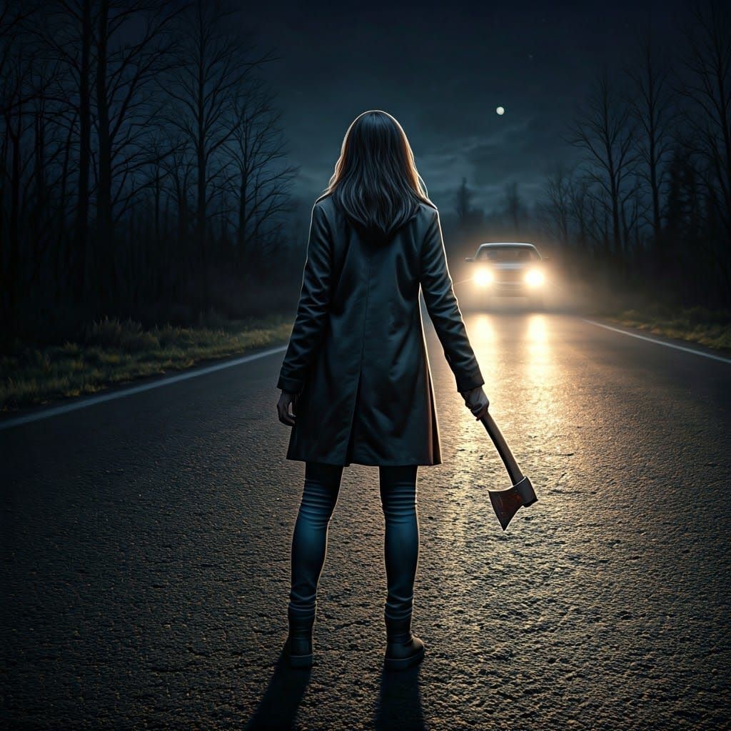 Mysterious Woman in Dark Coat at Road's Edge, Axe in Hand, U...