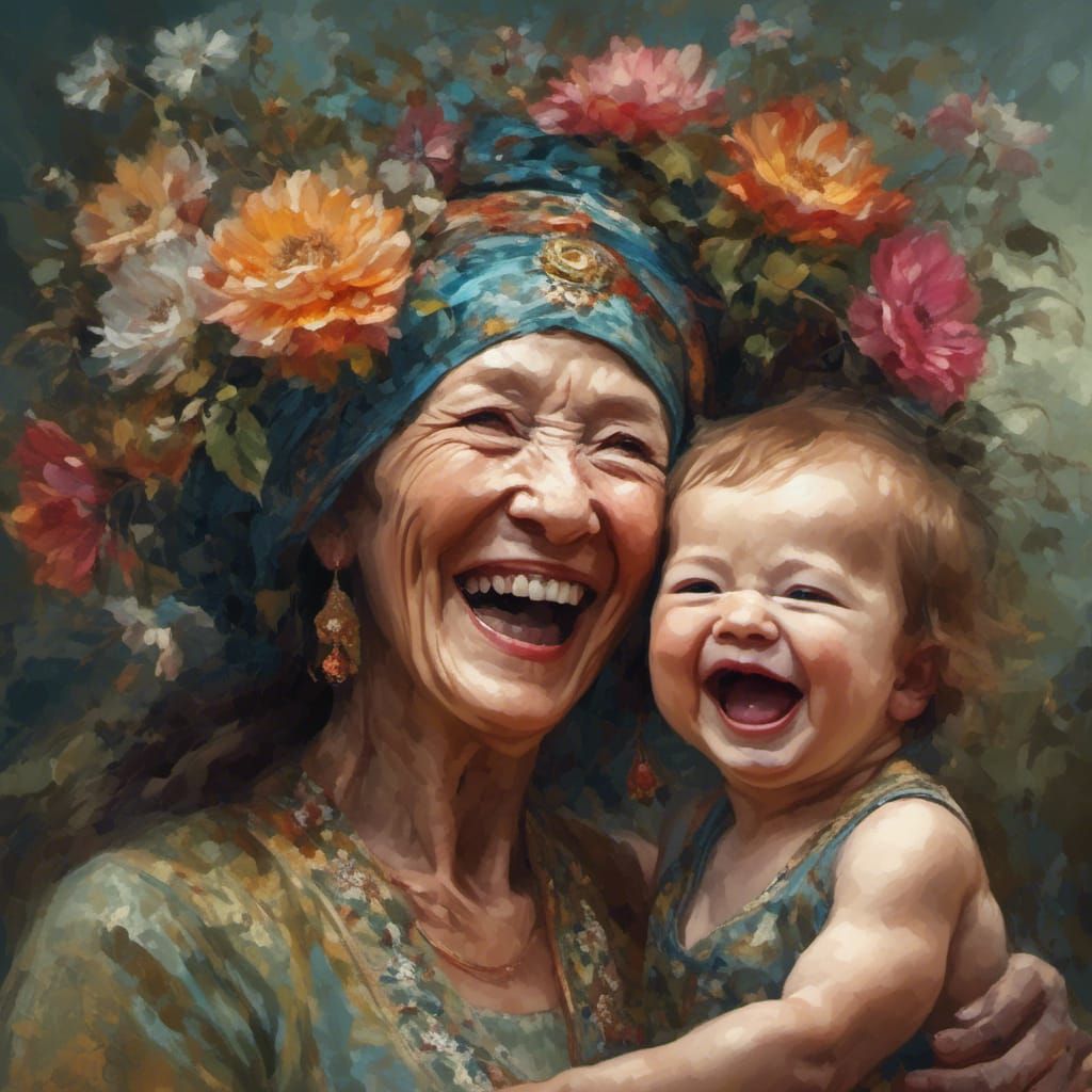 Laughing Mother and Baby in Detailed Matte Painting
