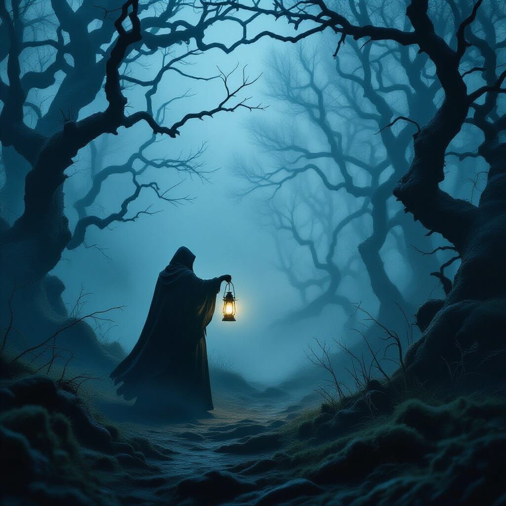 Mysterious Figure in Misty Forest with Lantern