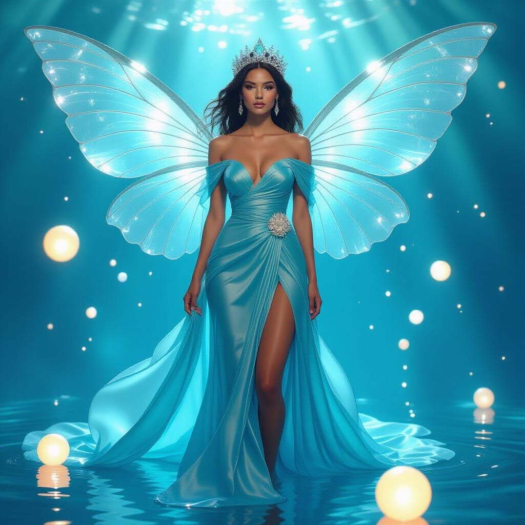 Ethereal Woman in Liquid Silk Gown with Water Wings