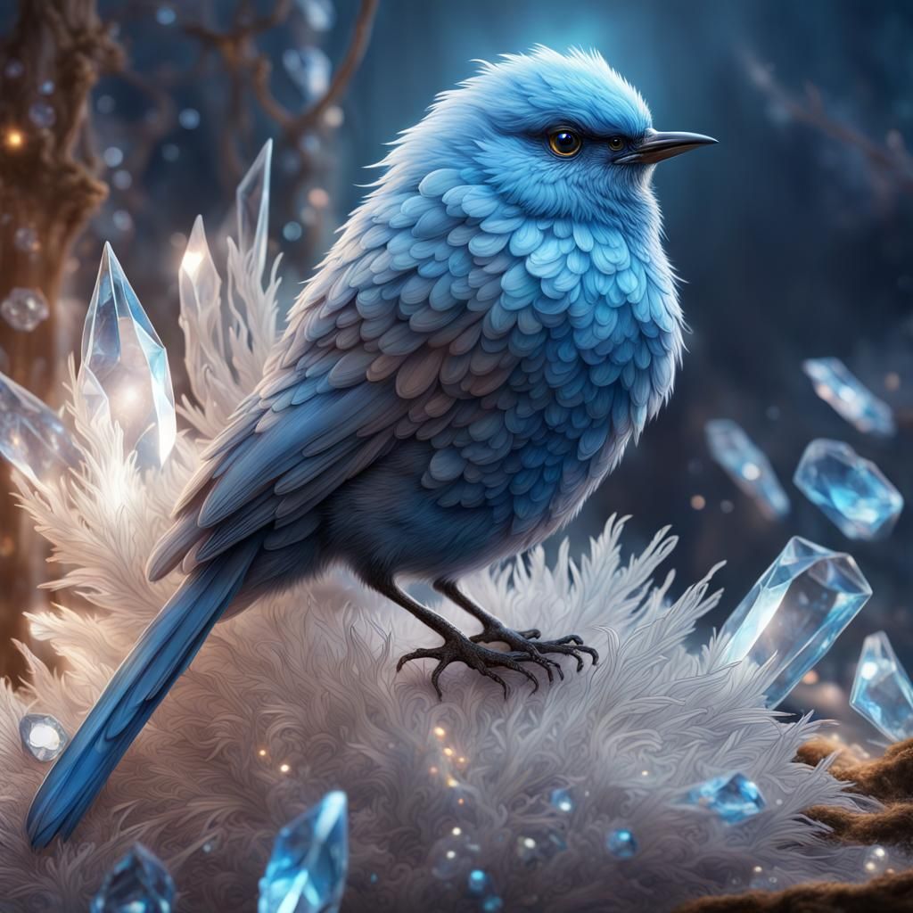 Crystalline Fluffy Blue Bird in Digital Art