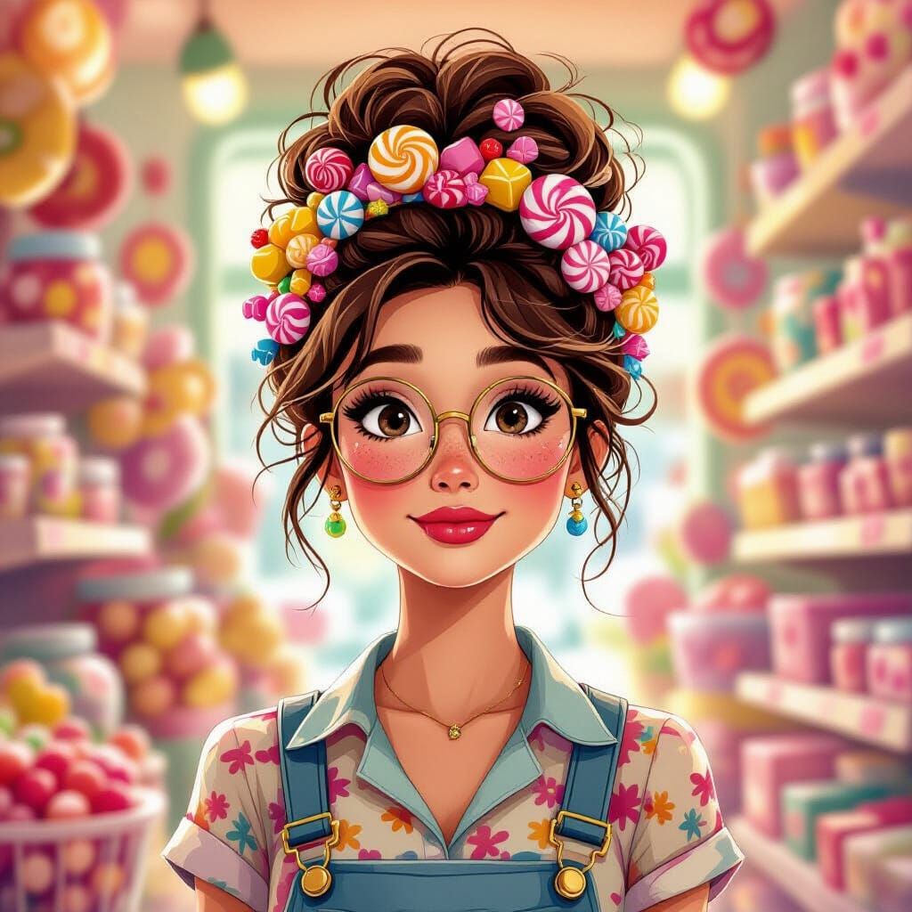 Woman With Candy Hair in Whimsical Sweet Shop