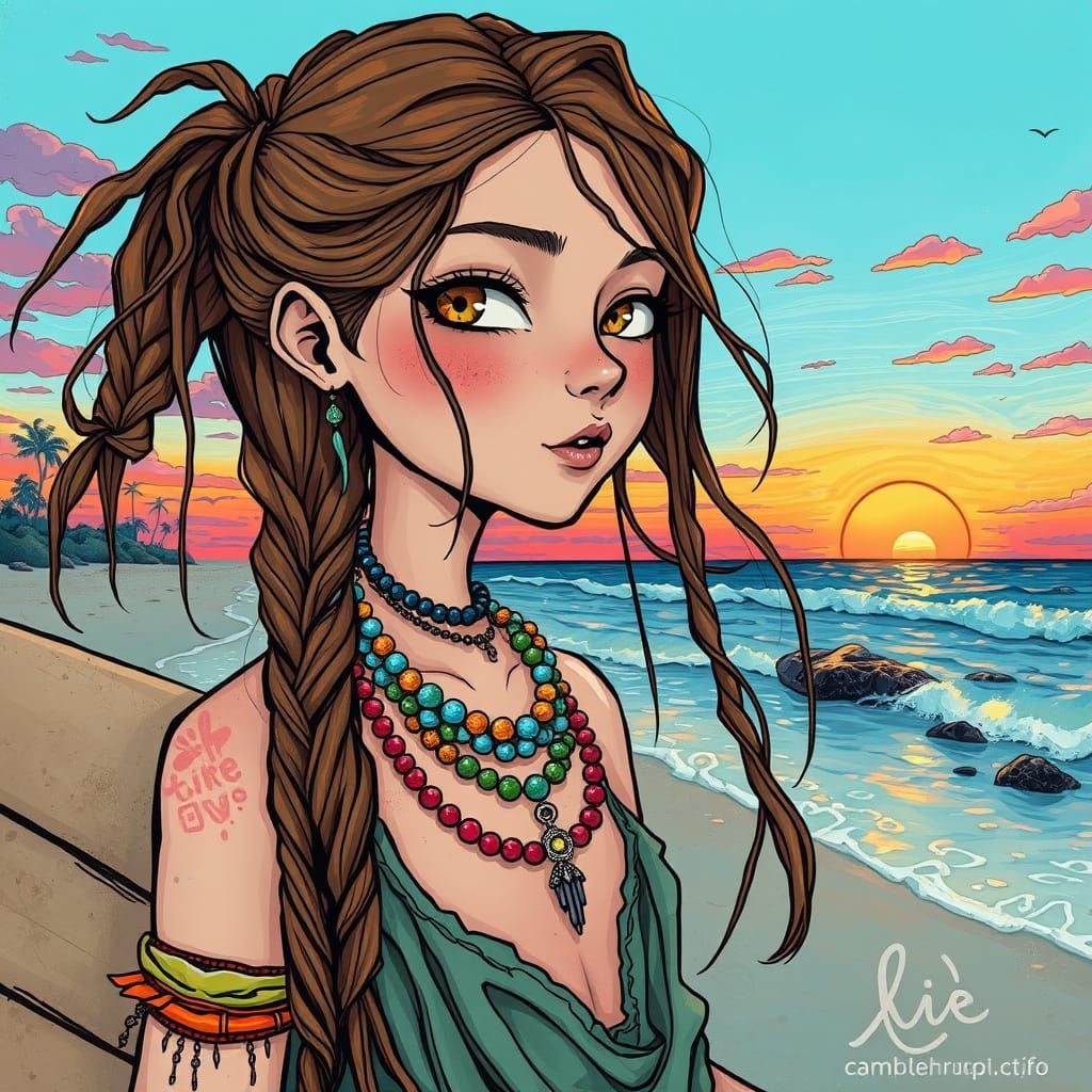 Dreamy Bohemian Surfer Girl at Sunset