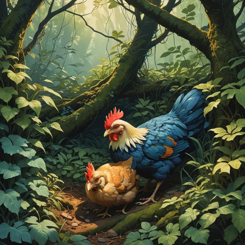 Serene Chicken and Fox in Lush Forest