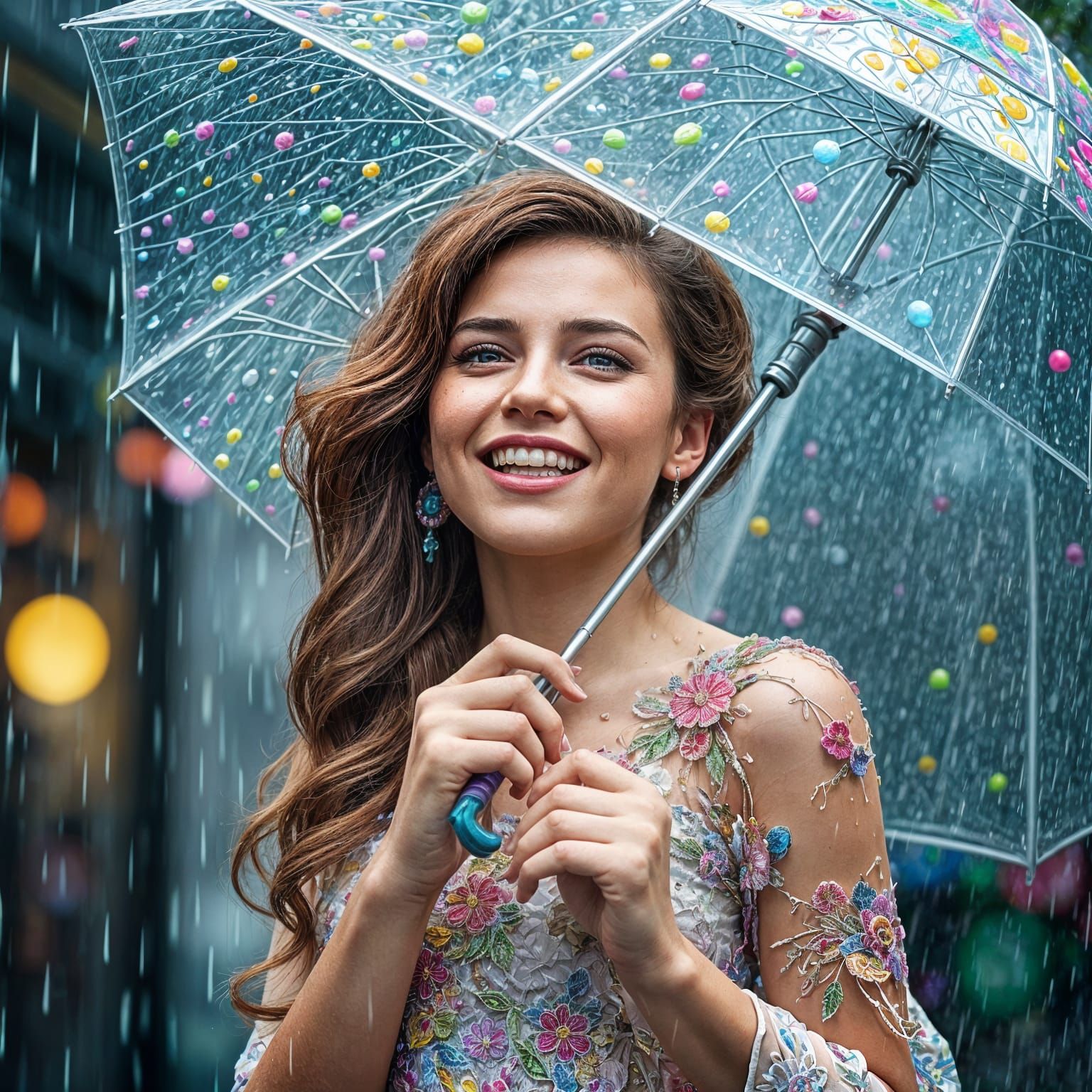 Happy Woman Under Candy Rain