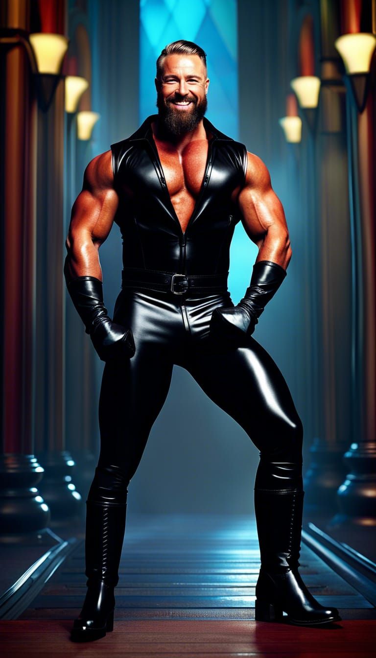 Muscled Man in Leather Suit: Detailed Digital Art