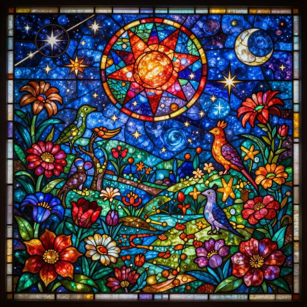 Vibrant Stained Glass Garden of Eden with Celestial Wonders