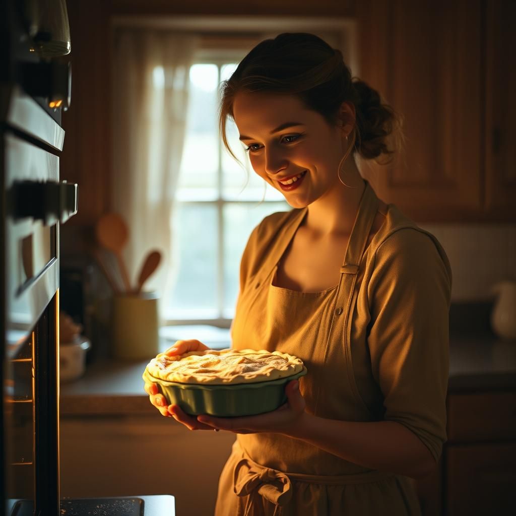 Nostalgic Kitchen Scene: Woman Baking Pies