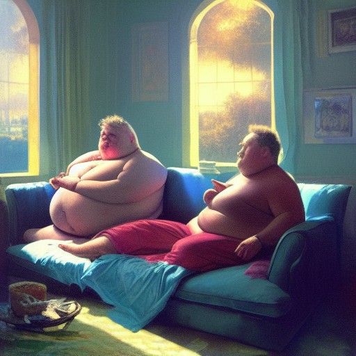 Obese Man Eating McDonalds: Oil Painting in Dreamlike Style