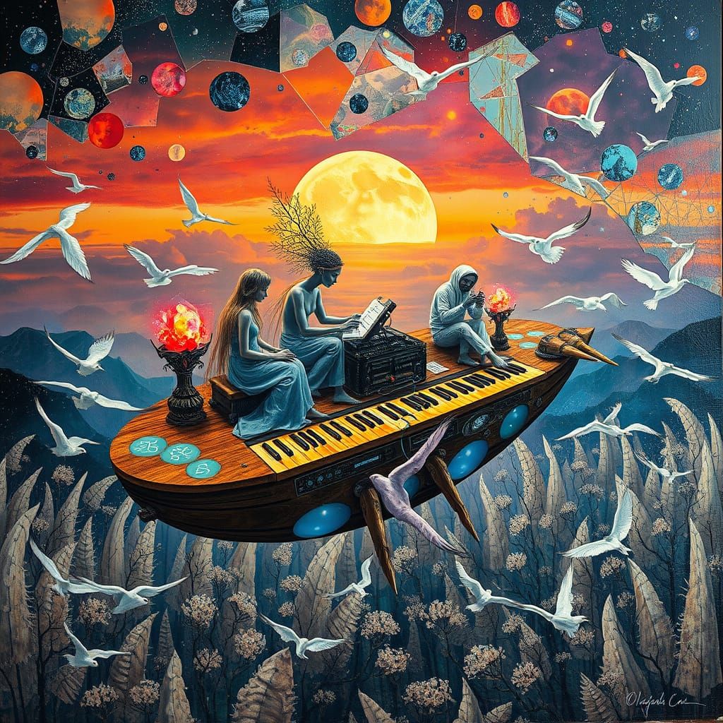 Surrealist Dreamscape: Ethereal Poets in a Sunset Galaxy