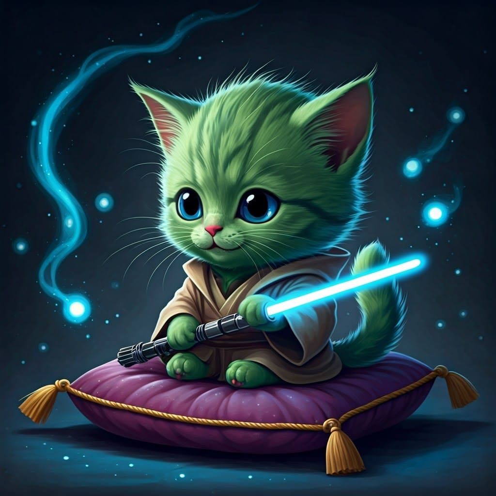Cosplaying Kitten Jedi with Lightsaber in Watercolor Style