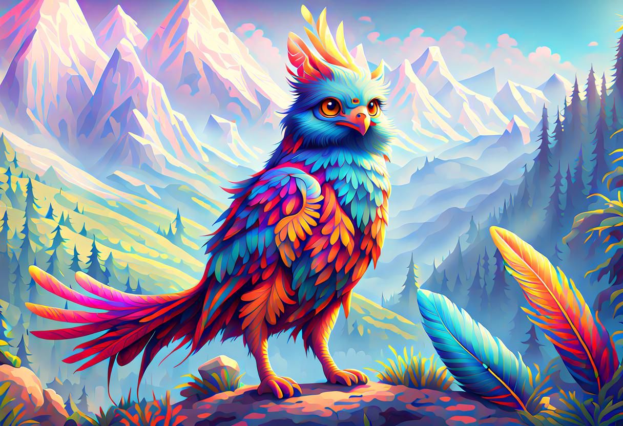 Colorful Feathered Creature in 2D Game Art Style