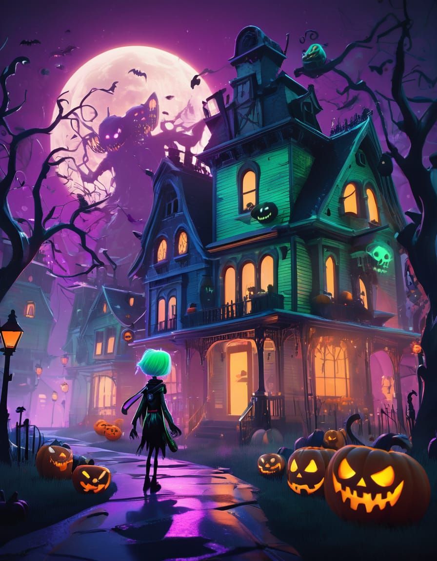 Eerie Halloween Street with Whimsical Costumed Kids