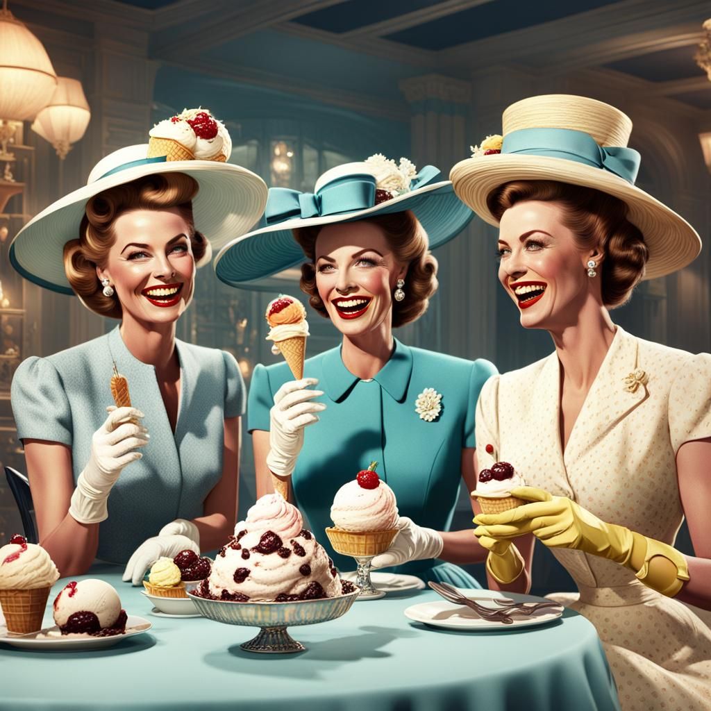 Elegant 1950s Women Share Sundaes in Matte Painting