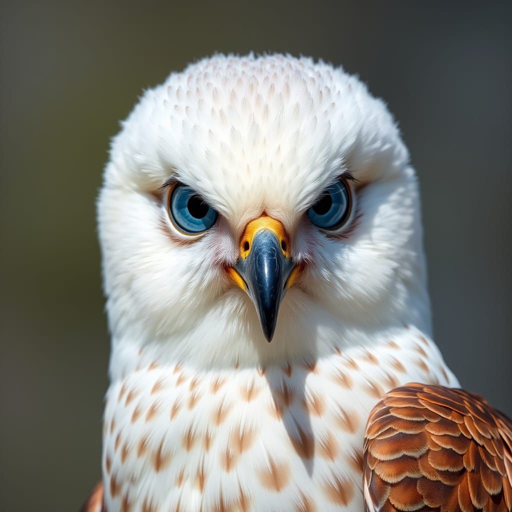 Majestic White Owl Gazing in Sapphire Blue Eyes at Sunrise