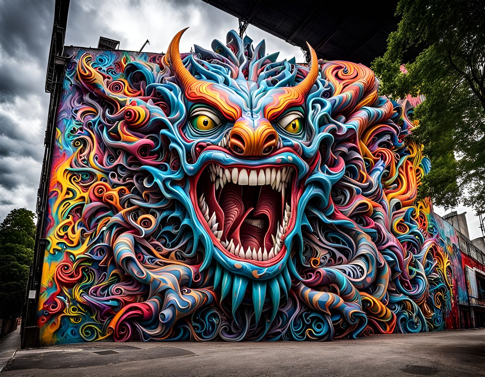 Beautiful graffiti art mural depicting a human monster hybrid snarling