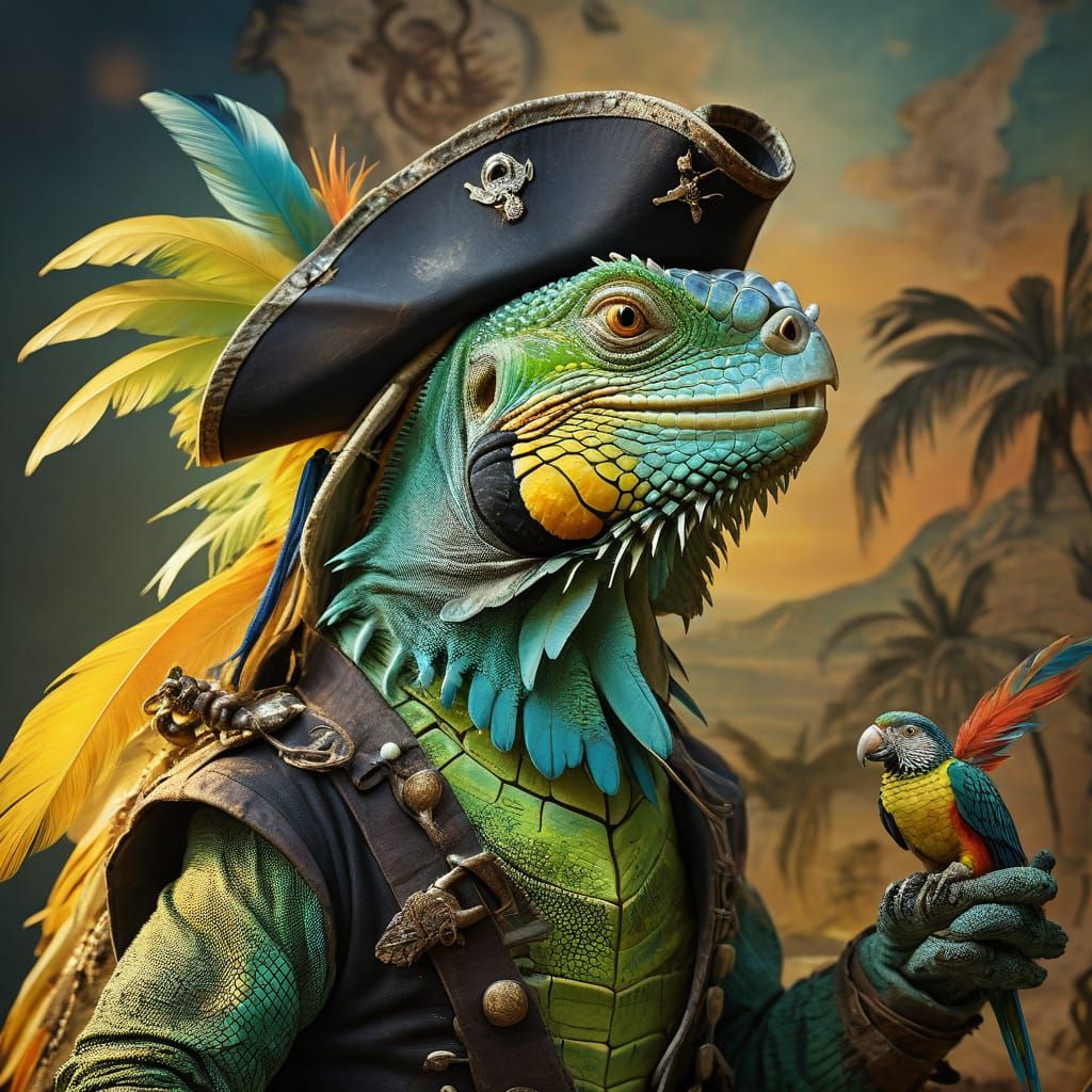 Iguana Pirate with Parrot in Surreal Style