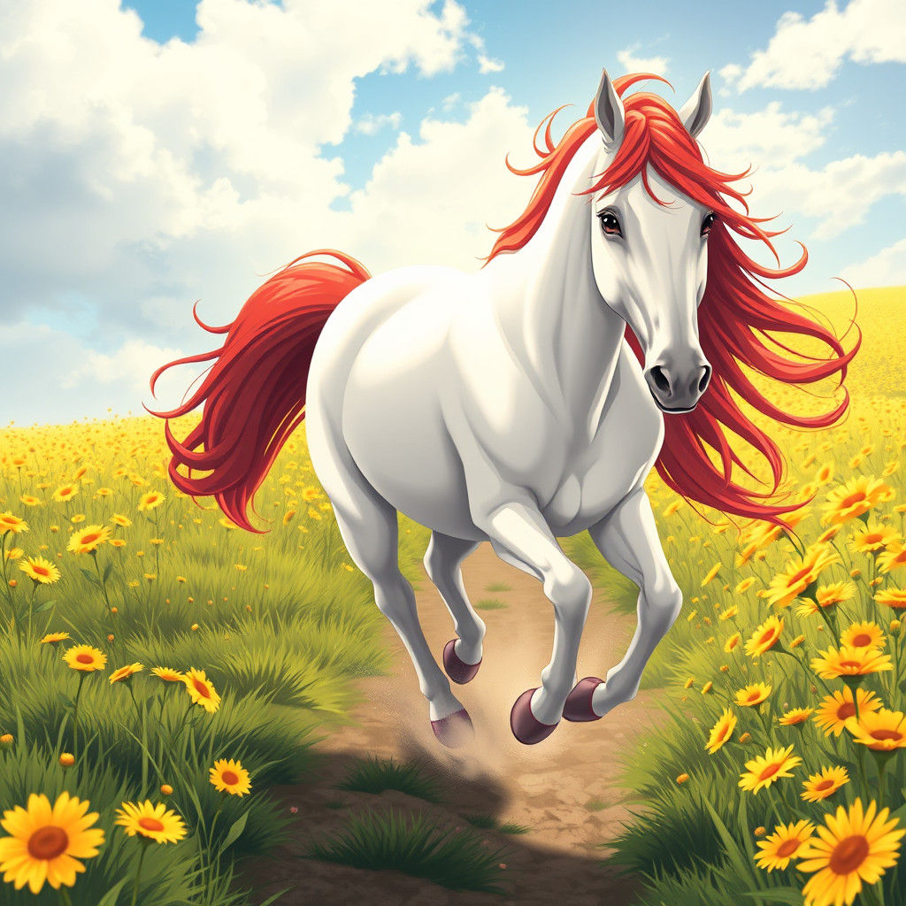 White Horse with Red Mane in Sunflower Field