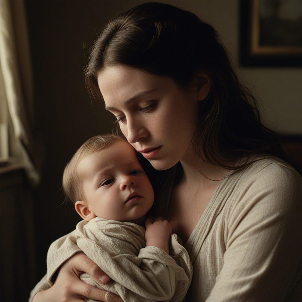 Mother Tenderly Nursing Newborn in Golden Light