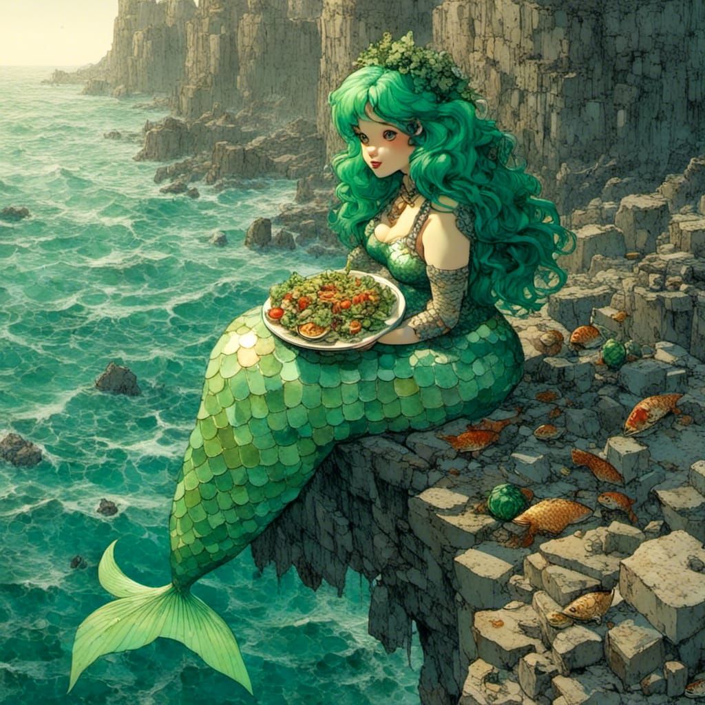Plump Mermaid Enjoys Salad at California Cliffside Cafe