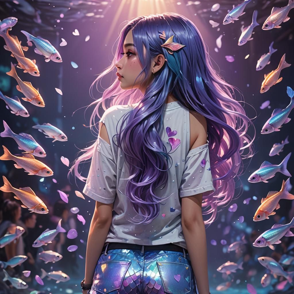Girl with Fish in Hair: Fantasy Anime Illustration