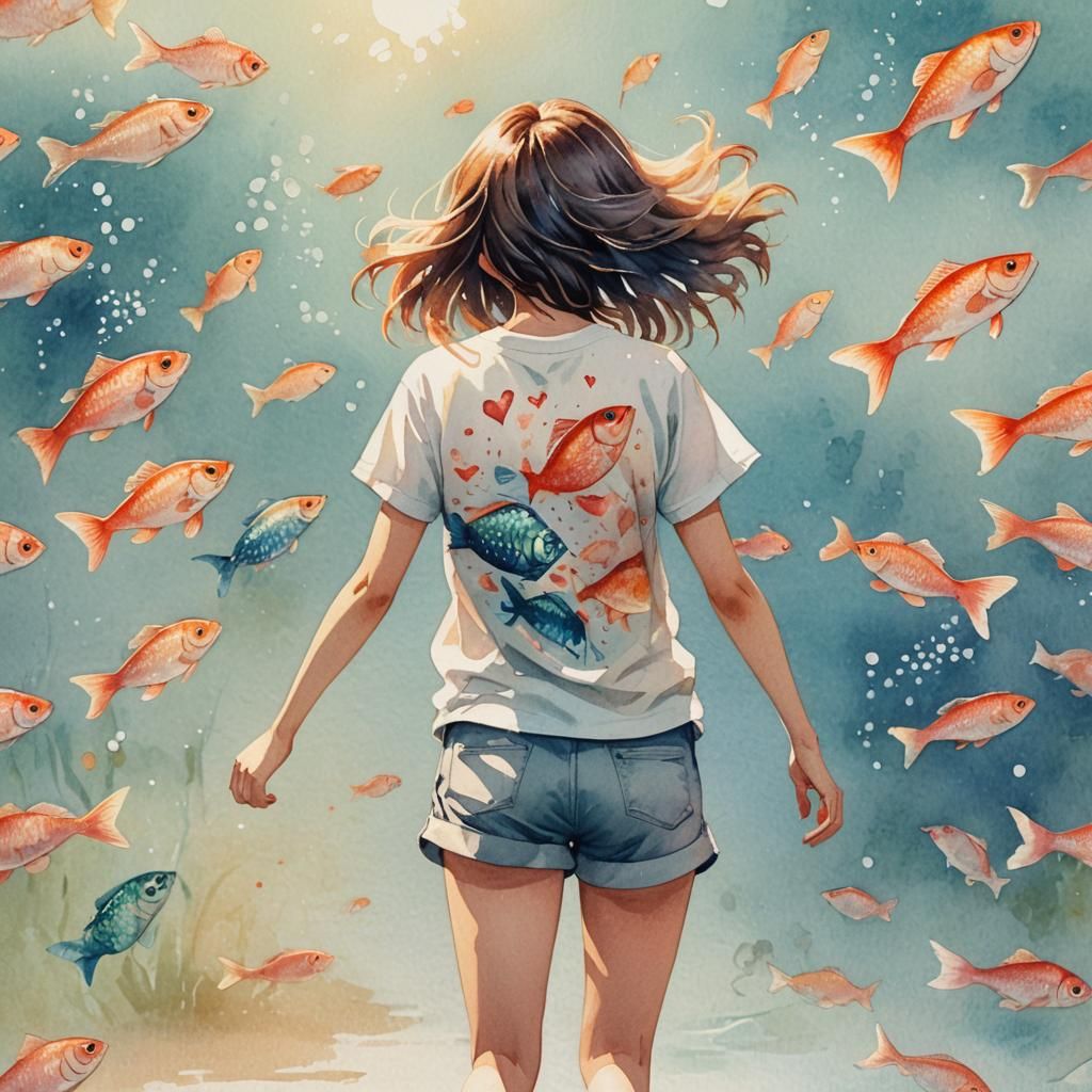 Girl with Fish Hair in Watercolor Style