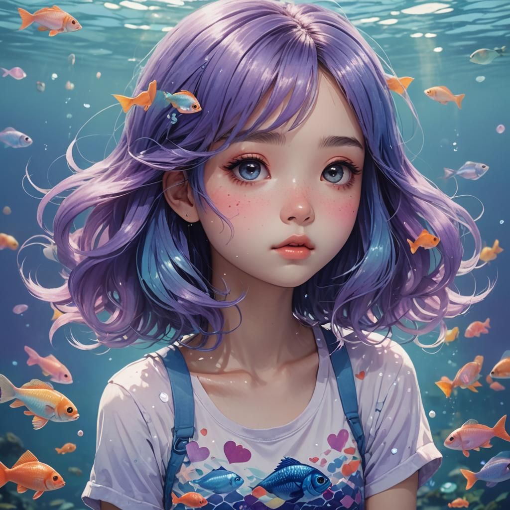 Whimsical Teenage Girl with Vibrant Ombre Hair and Swimming....